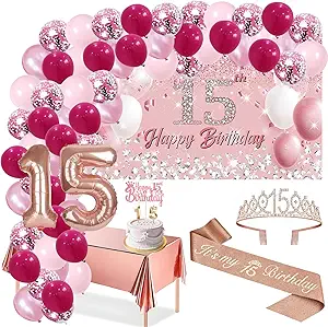 15th Birthday Decorations for girls,15th Birthday Banner, Party Tablecloth, 15th Sash and Tiara, 15th Balloon,Birthday Cake Topper , 60 latex balloons free-form for Quinceanera Decorations