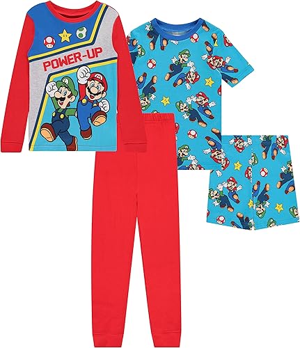 Nintendo Conjunto de pijama de Mario para niños, 4 piezas, pijama de manga corta de Super Mario, conjunto de pijama de manga corta, pantalones