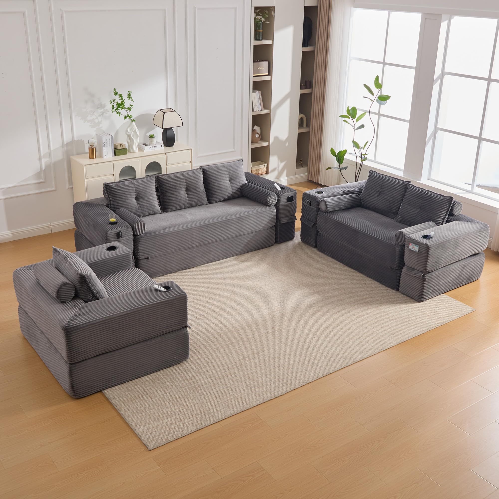 Sofá plegable de pana con espuma de alta densidad y resorte de bolsillo para asiento estable, bolsillo lateral + soporte para tazas, resto del brazo con cremallera, paquete al vacío, fácil montaje