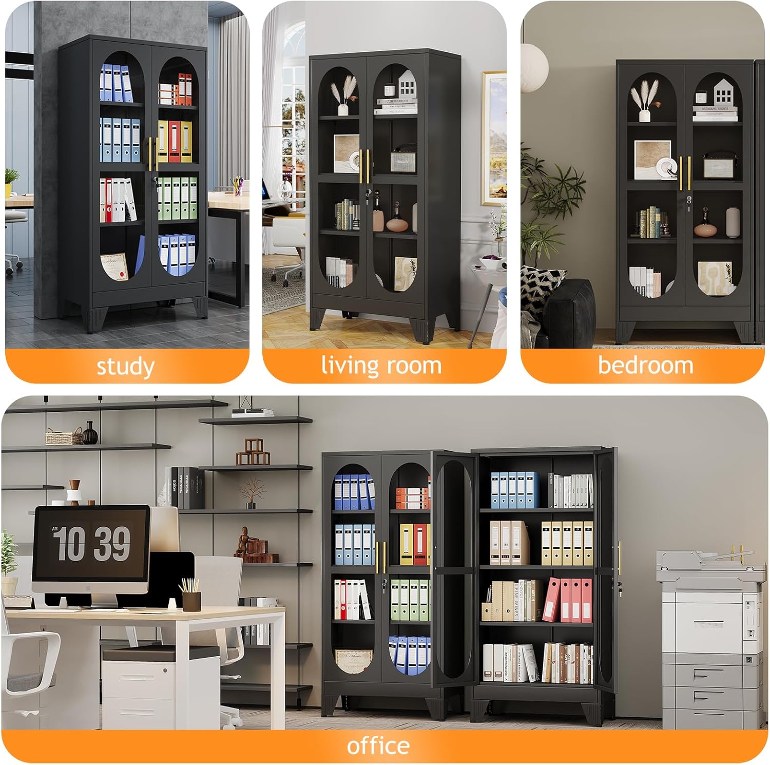 PAOFIN 61" H Locking Display Cabinet with Glass Door, Metal Cabinets with 3 Adjustable Shelves, Cabinet Display Case for Living Room, Collectibles, Clinic, Home - Assembly Required Black