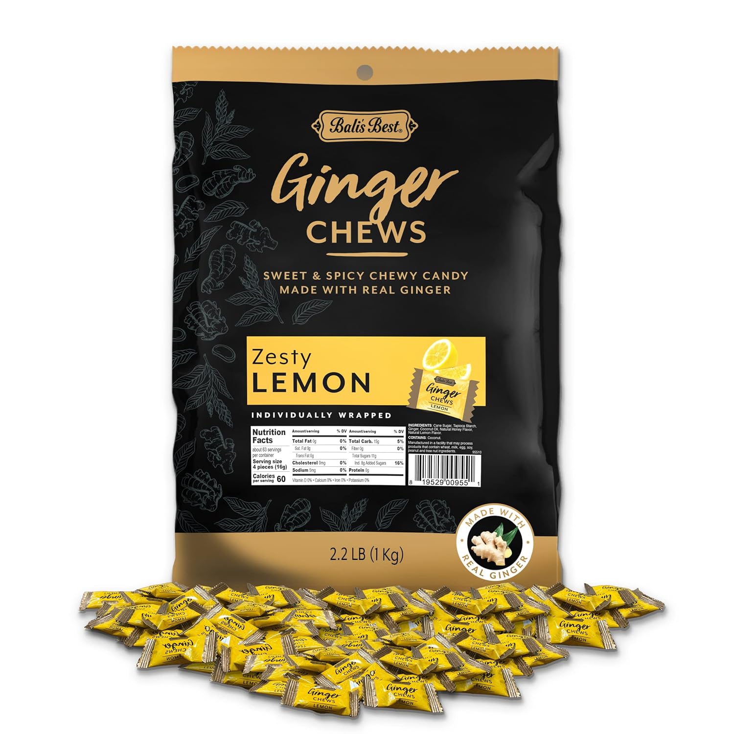 Bali's Best Ginger Chews Zesty Lemon Flavor (2.2 LB Bulk Bag) 100 Real Ginger