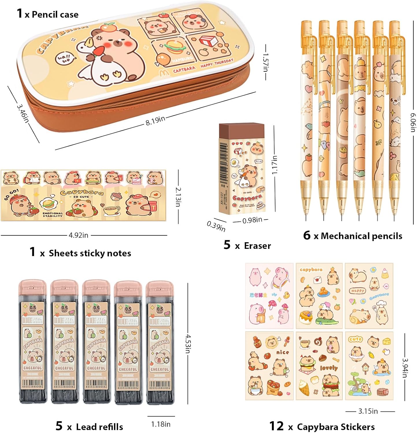 Cute Capybara Mechanical Pencil Set, Kawaii School Supplies Gift | Includes Capybara Mechanical Pencils, Lead Refills, Erasers, Stickers and Pencil Holder for School, Office and Daily Use. thumbnail