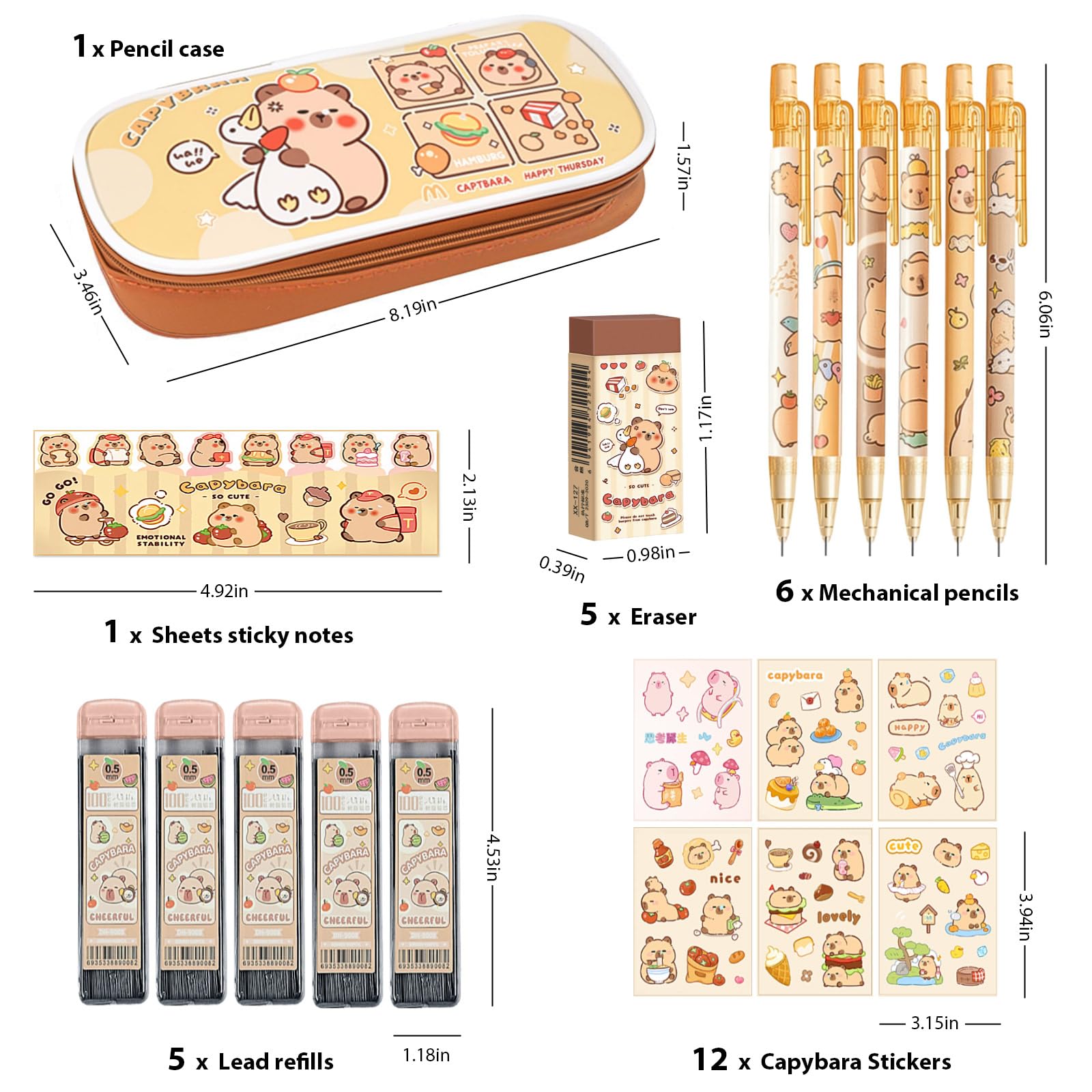 Capybara - Suministros escolares, juego de lápices mecánicos Capybara, regalos de cumpleaños de papelería Kawaii, incluye lápices mecánicos, recambios de plomo, gomas de borrar, calcomanías de