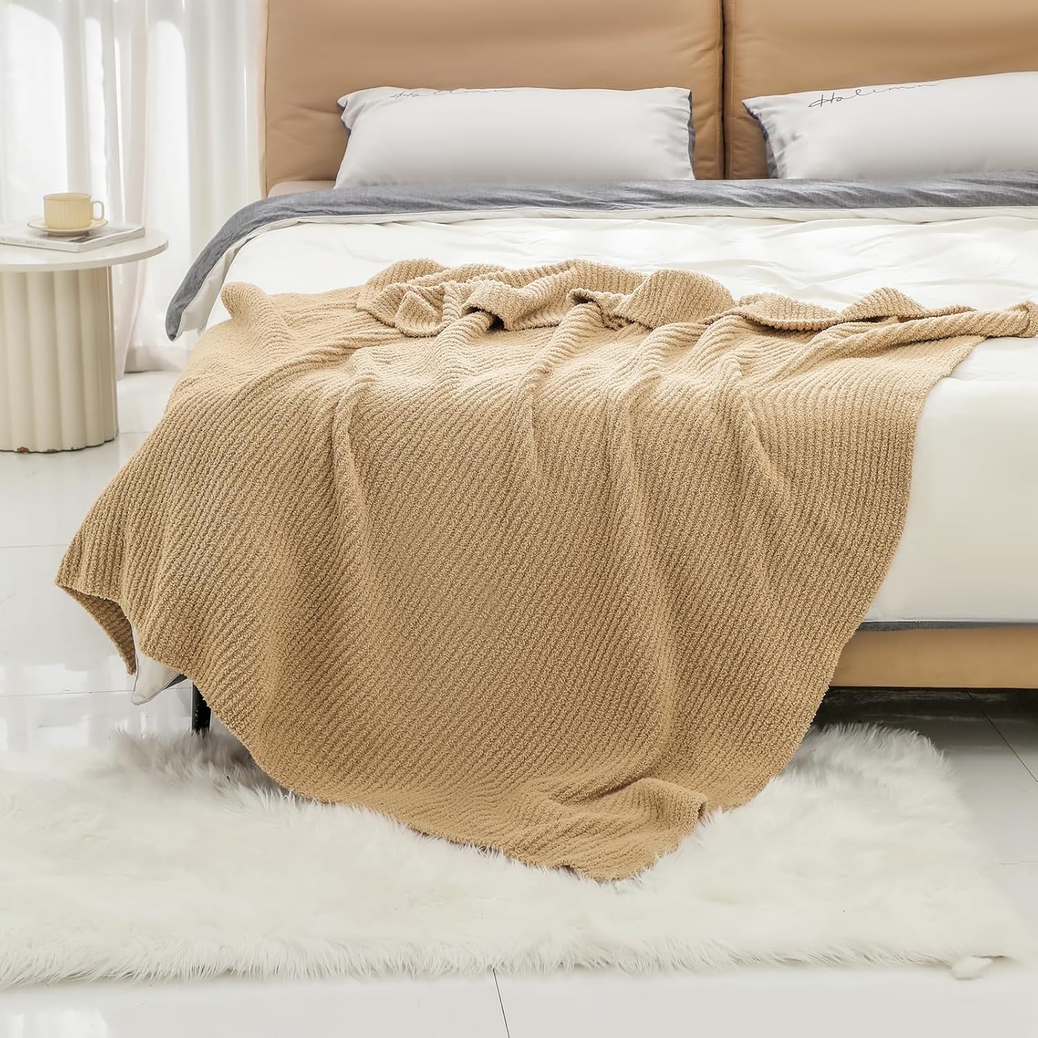bearberry Soft Rib Knit Blanket Thin Warm & Breathable - Snuggly Minky Throw for Everyday Use, Travel, Chair | All-Season Machine Washable for Couches, Gifts, Family (Camel, 50”x60”) - Image 4