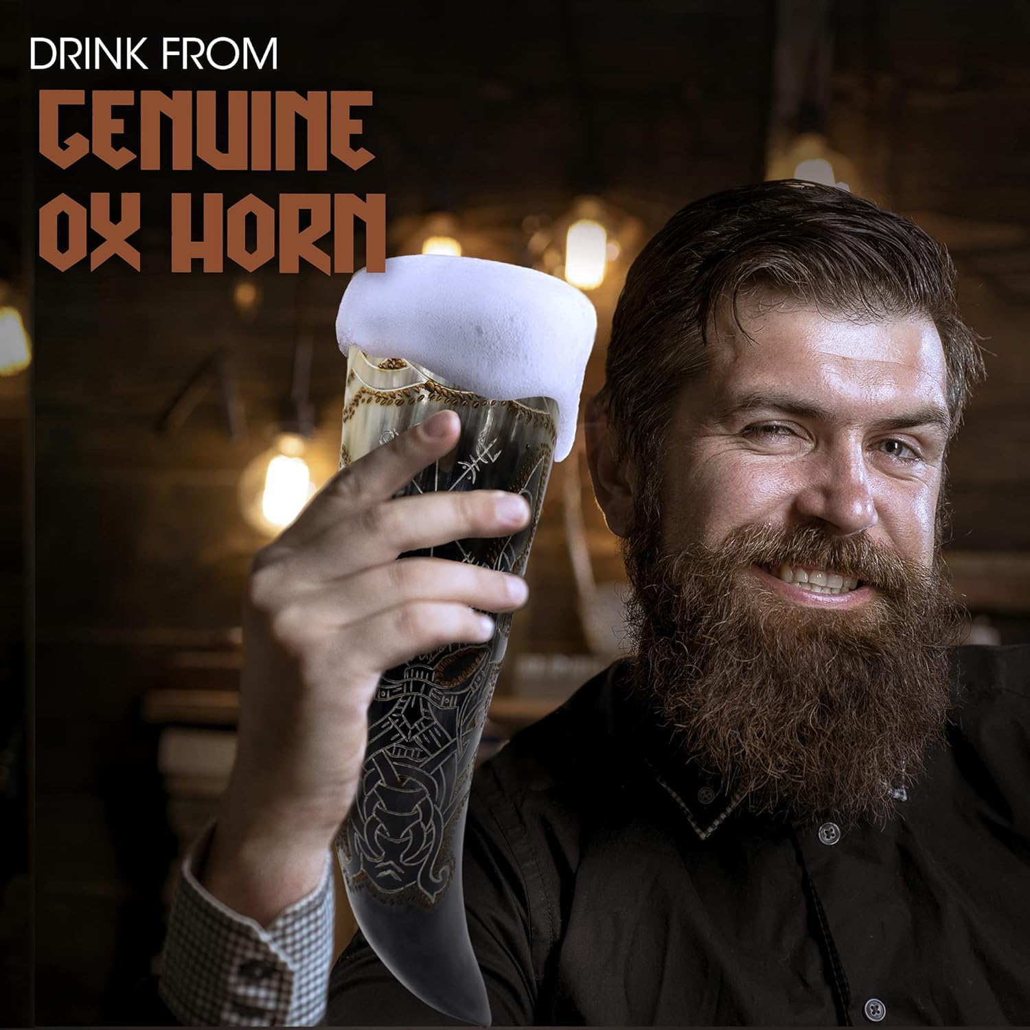 Authentic Handmade Viking Drinking Horn - Medieval Norse Ale Drinking Mug For Vikings with Stand - Hand Engraved Viking's Drink Cup - Food Safe Beer Horns (Odin & Vegvisir - 14 Inches), 2 Piece Set - Image 8