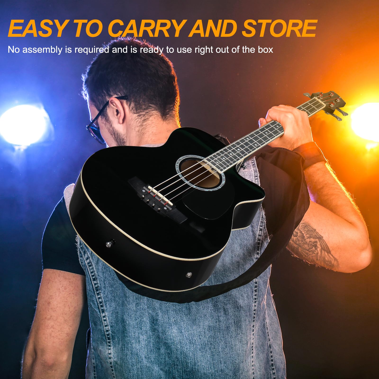 Ktaxon 4-strunowa akustyczna gitara basowa, pełnowymiarowy zestaw gitary basowej z przenośną torbą na gitarę, kabel premium, klucz, pasek, plektron (czarny)