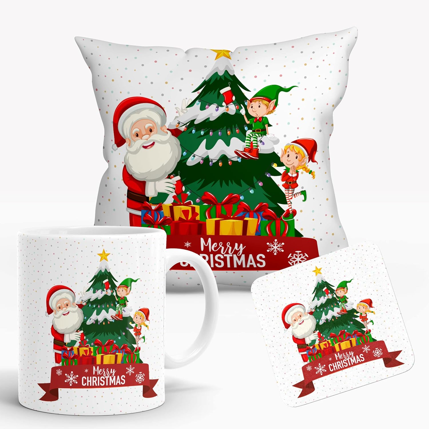 Christmas Day Gift Combo with Cushion, Mug, and Coaster (CMC031) Christmas Day Gift Combo with Cushion, Mug, and Coaster (CMC031)