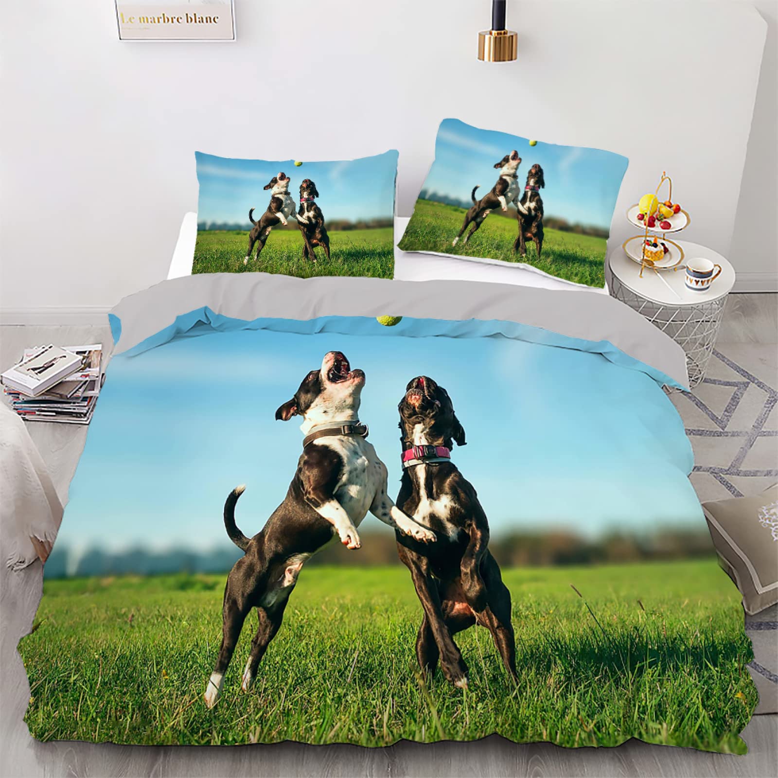 Parure de lit enfant 90x190 bleu ciel housse couette microfibre infroissable motif chien