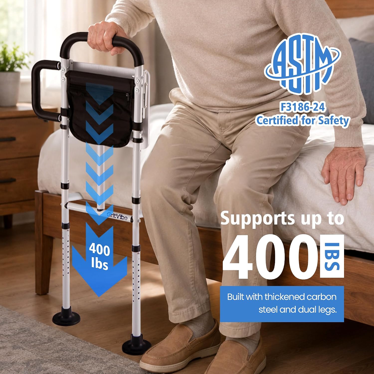 Bed Rails for Elderly Adults Safety - ASTM F3186 Certified, 18-Level Adjustable Height with 2 Ergonomic Handrails, Foldable Table & Storage Pocket