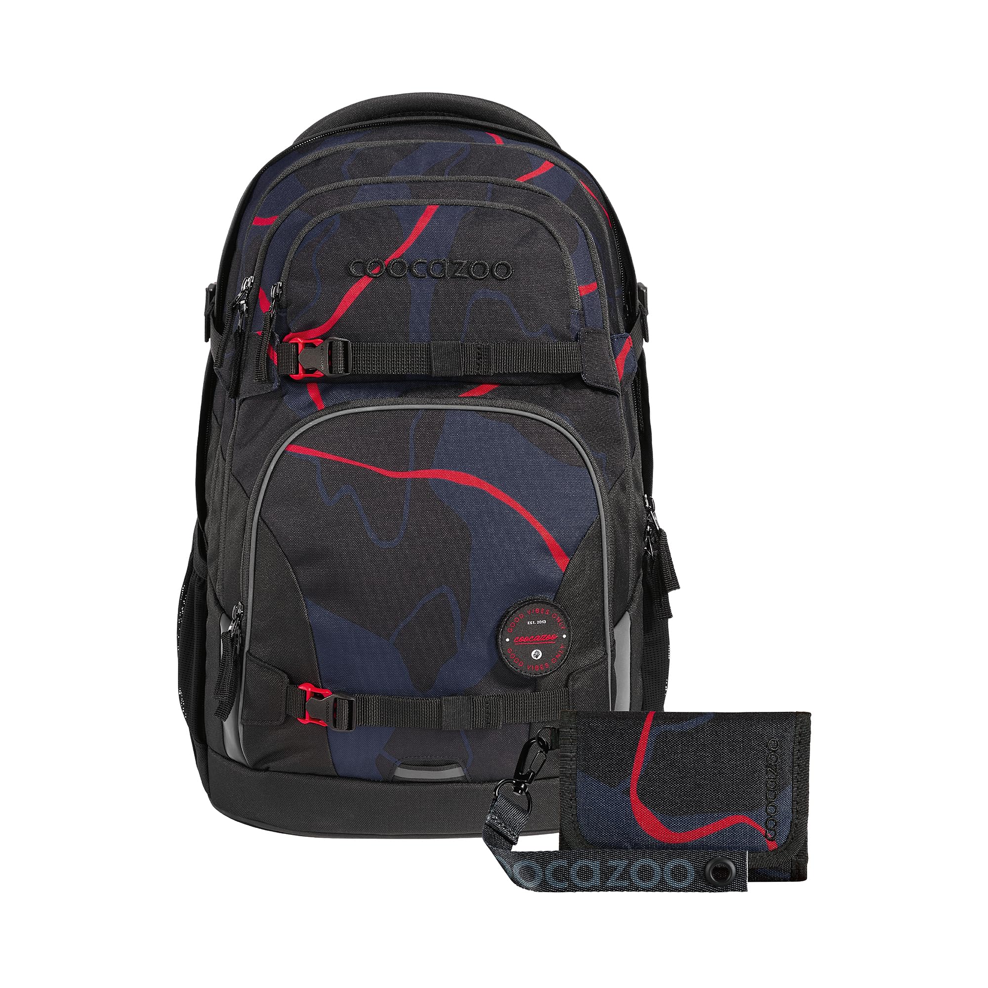 coocazoo Schulrucksack-Set Porter Lava Lines 2-teilig, ergonomischer Schulrucksack 35 l mit Easy Grow System, höhenverstellbar, wasserabweisend, schwarz, inkl. Geldbörse