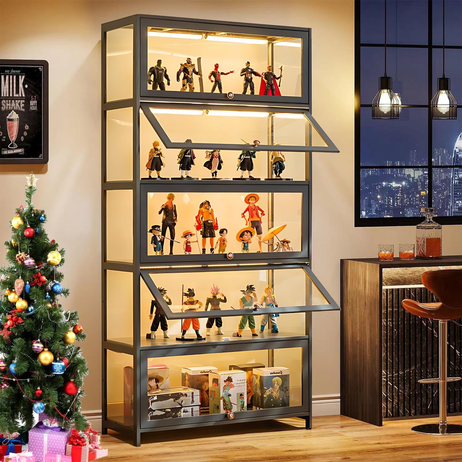 5 Tier Curio Display Cabinet, Acrylic Glass Door, Collectibles Toy Organizers Rack & Display Shelf, Kids Bookcase for Bedroom, Reading Nook, Toddler's Room, Bamboo