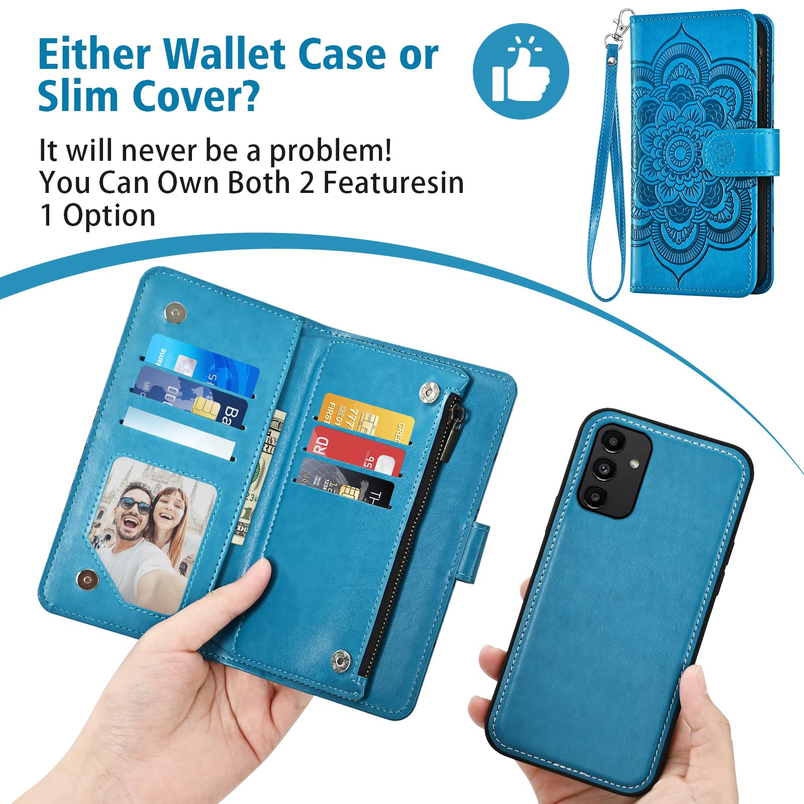 Asuwish Coque de téléphone pour Samsung Galaxy A13 5G avec fermeture éclair, portefeuille amovible, avec protection d'écran en verre trempé, sangle porte-cartes, motif floral A04S M13 G5 A 13 2022 13A