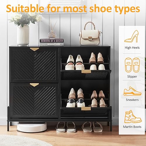 Vista 59 de HUSHEDIFY Armario de almacenamiento para zapatos con 2 cajones abatibles, organizador de zapatos estrecho oculto para entrada, zapatero delgado