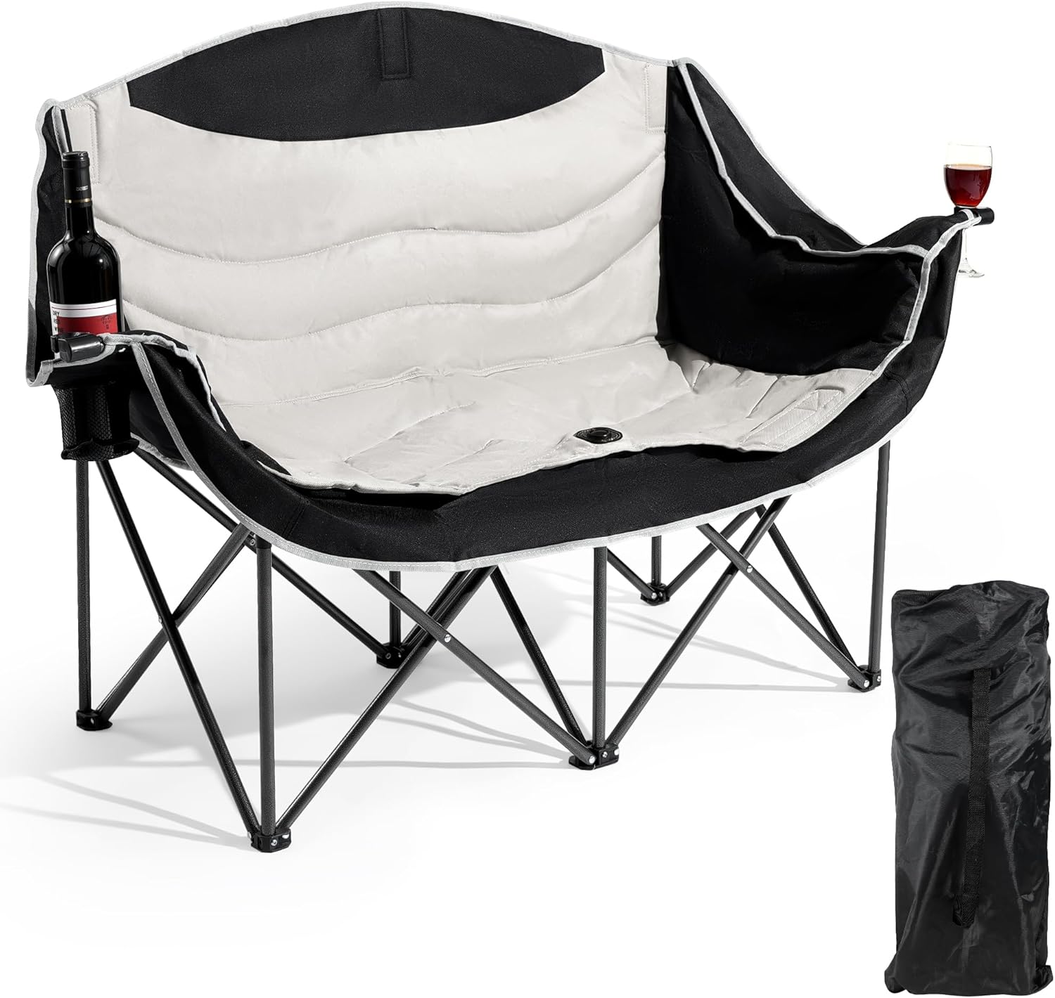 Double Camping Chair,Oversized Foldable Camping Chairs with Cup Holders Heavy Duty Loveseat Couch for Adults Suitable for Indoor Outdoor Beach Support 600 lbs（Black/White）