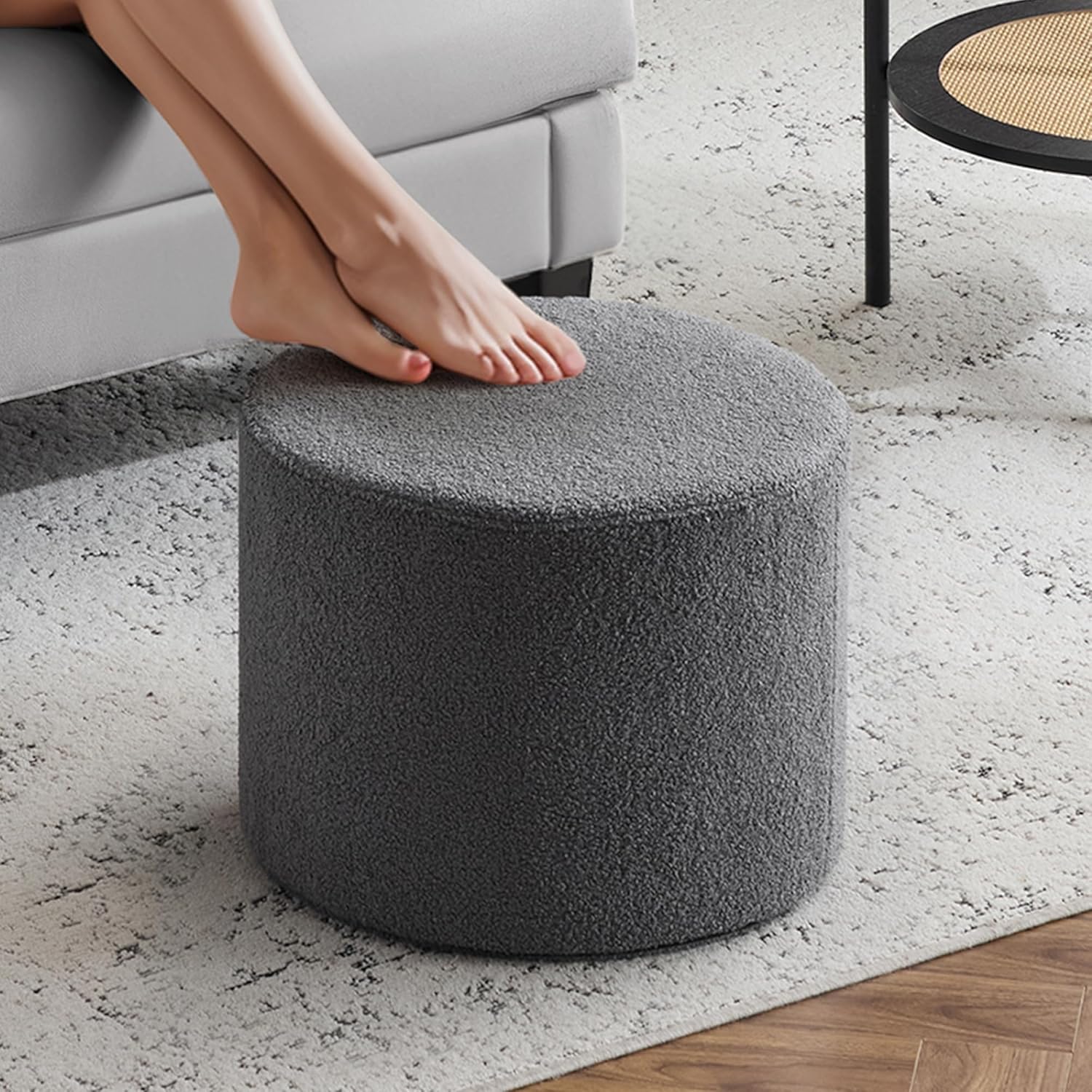 Bezseller Boucle Ottoman Round Foot Stool, 17x13 Floor Pouf with High-Density Foam Filling and Washable Cover, Modern Foot Rest for Living Room, Bedroom, Office, Chair, Grey