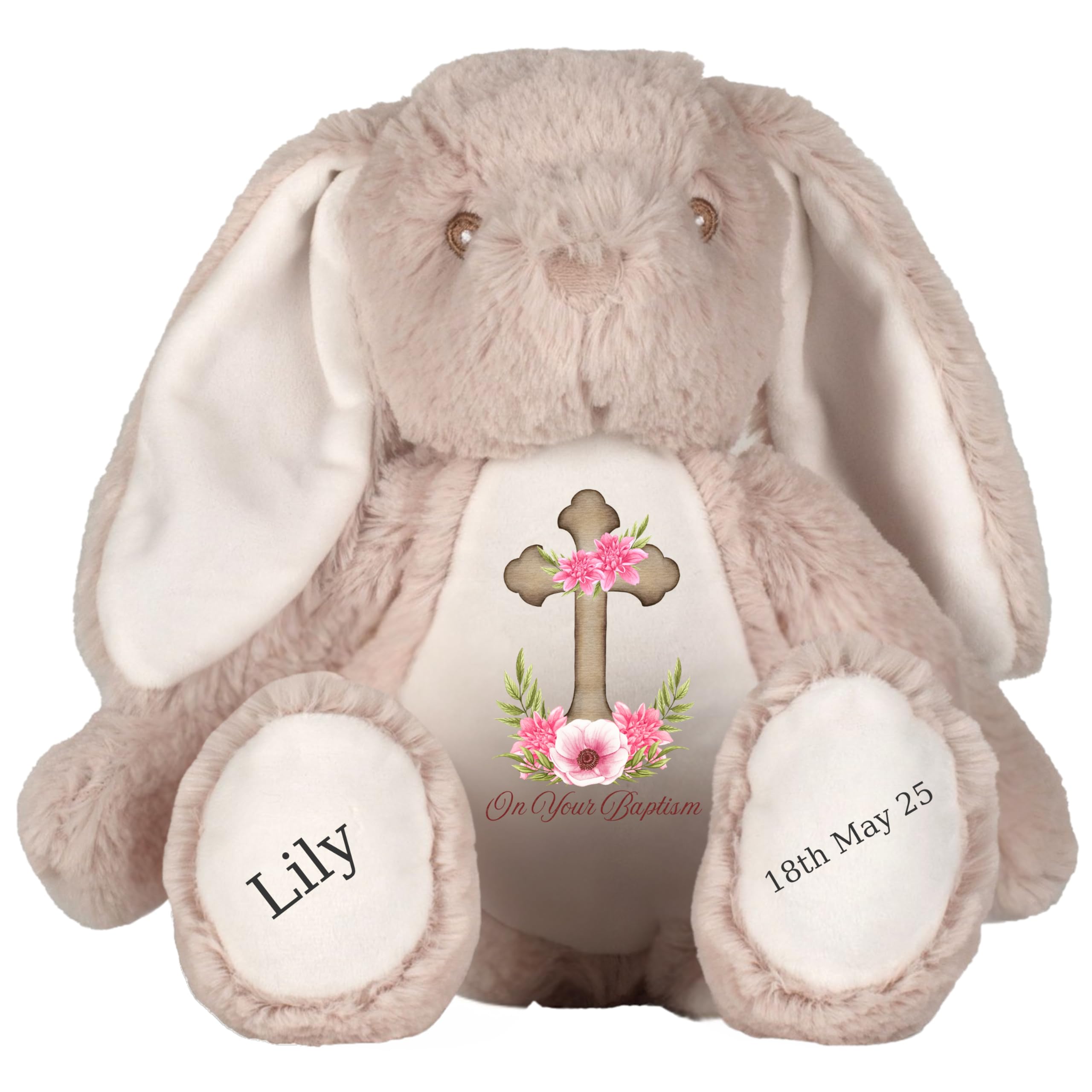 HotScamp Personalised Baptism Bunny with Name - Pink Flower Cross On your Baptism Day Soft Toy for Baby, Child, Kids, Babies Christening Church Spring Time - Blue Letter Brown Bunny
