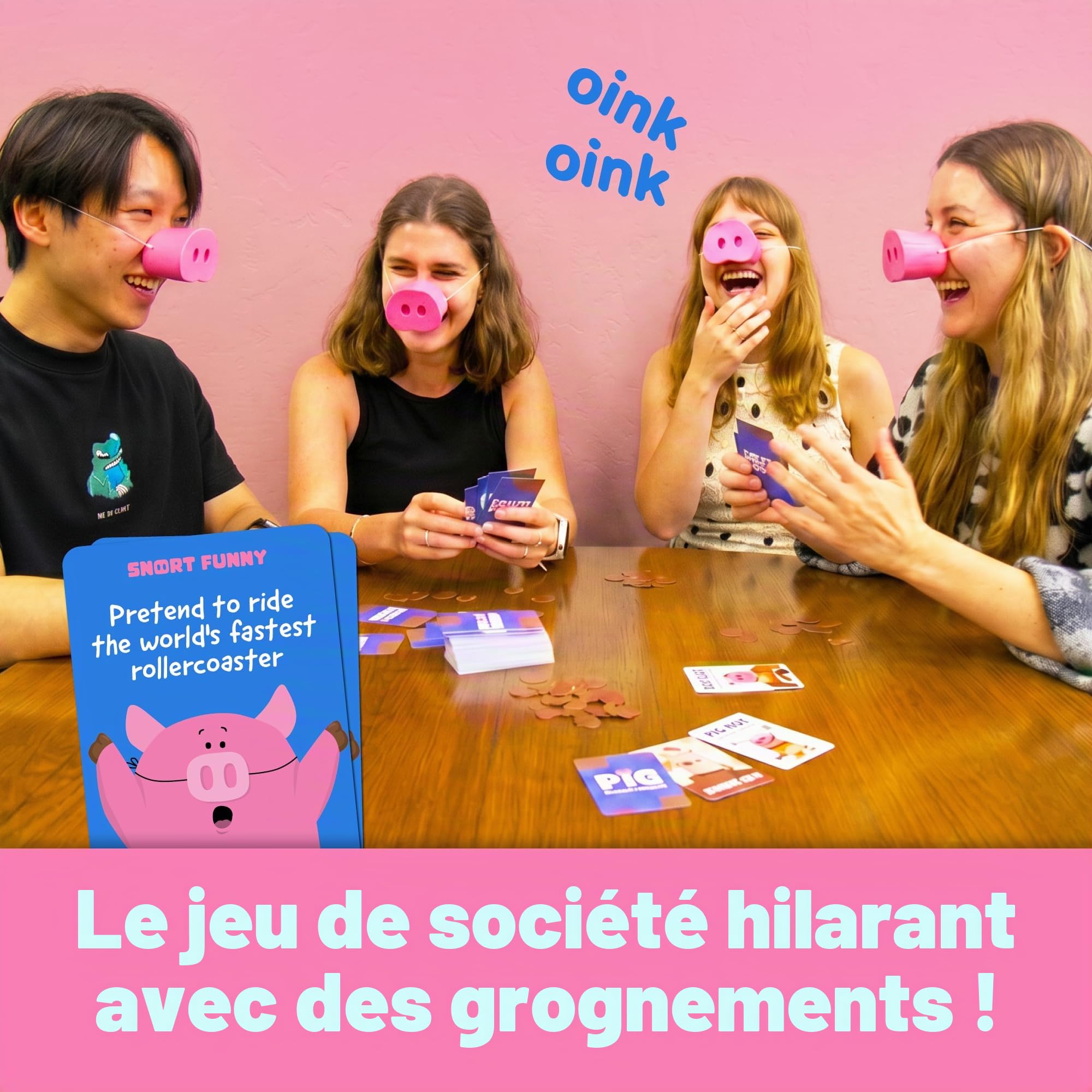 Snort Funny – El Increíble Te Ríes Te Pierdes Juego de Fiesta, Juegos Familiares Para Niños y Adultos Con 150 Tarjetas de Desafío, 5 Focicos de Cerdo y Fichas de Lodo, Juegos Divertidos Para Amigos y