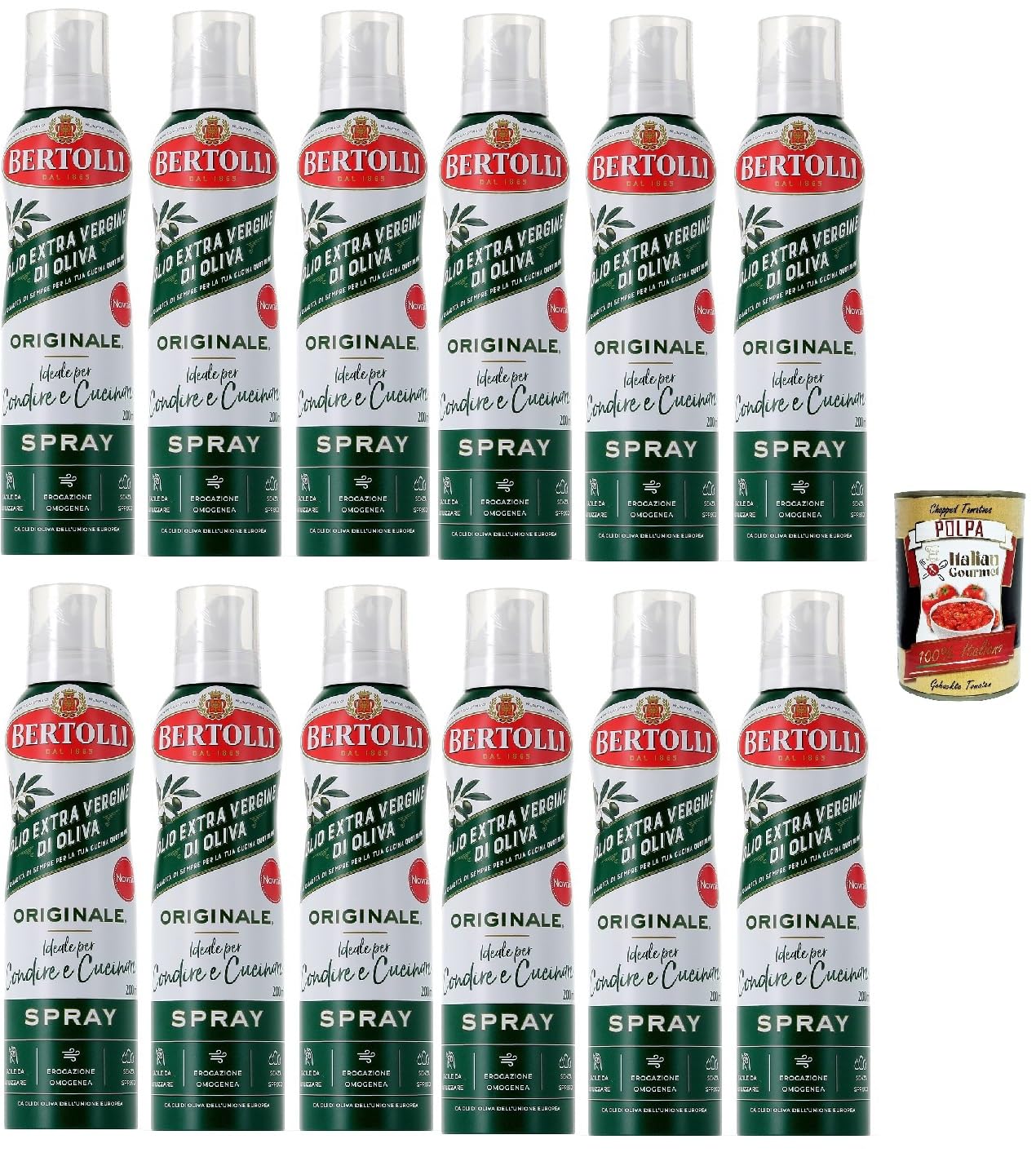 Italian Gourmet Bundle Olivenöl Extra Vergine Spray Originale 12x 200ml + Italian Gourmet Polpa Gratis – Italienisches EVOO Sprühöl, ideal zum Würzen & Kochen, gleichmäßige Dosierung, Vorrat 2,4L