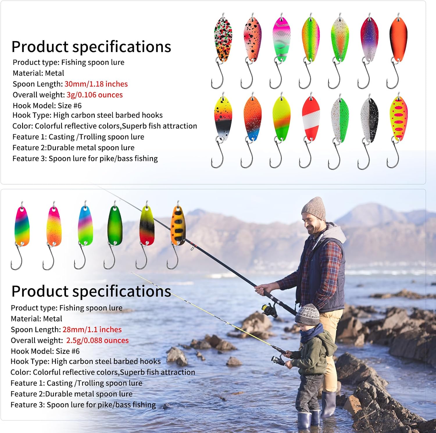 WOLFUL Spoon Lures 20-Pack Fishing Spoons Lures for Bass Trout Pike Minnow Topmouth Culter, Snag-Resistant Single Hook Design, Slow Retrieve Action for Finicky Fish