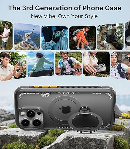 Vista 6 de TORRAS Ostand Q3 Air - Funda para iPhone 15 Pro con soporte magnético de 360°, compatible con MagSafe, prueba de caídas de grado militar, botón