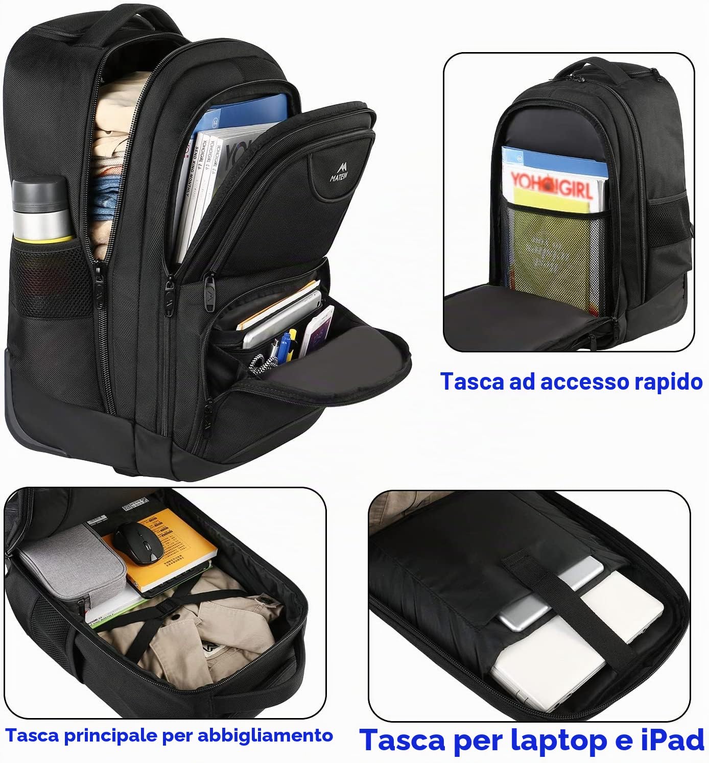 MATEIN Zaino Trolley per PC Portatile con Ruote, Bagaglio a Mano da Cabina per Laptop fino a 17 Pollici, Zaino da Viaggio per Aereo, Scuola, Affari e Università, Nero
