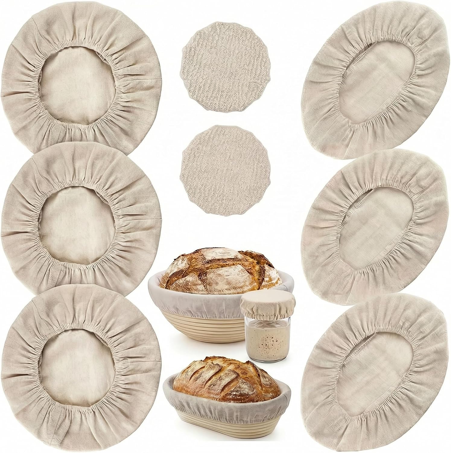 8 PCS Bread Proofing Basket Cloth Liner (6 Oval) & 2 Sourdough Starter Jar Covers, 10 Inch Reusable Banneton Basket Cover for Sourdough Baking, Reusable Dough Bowl Liner (Oval)