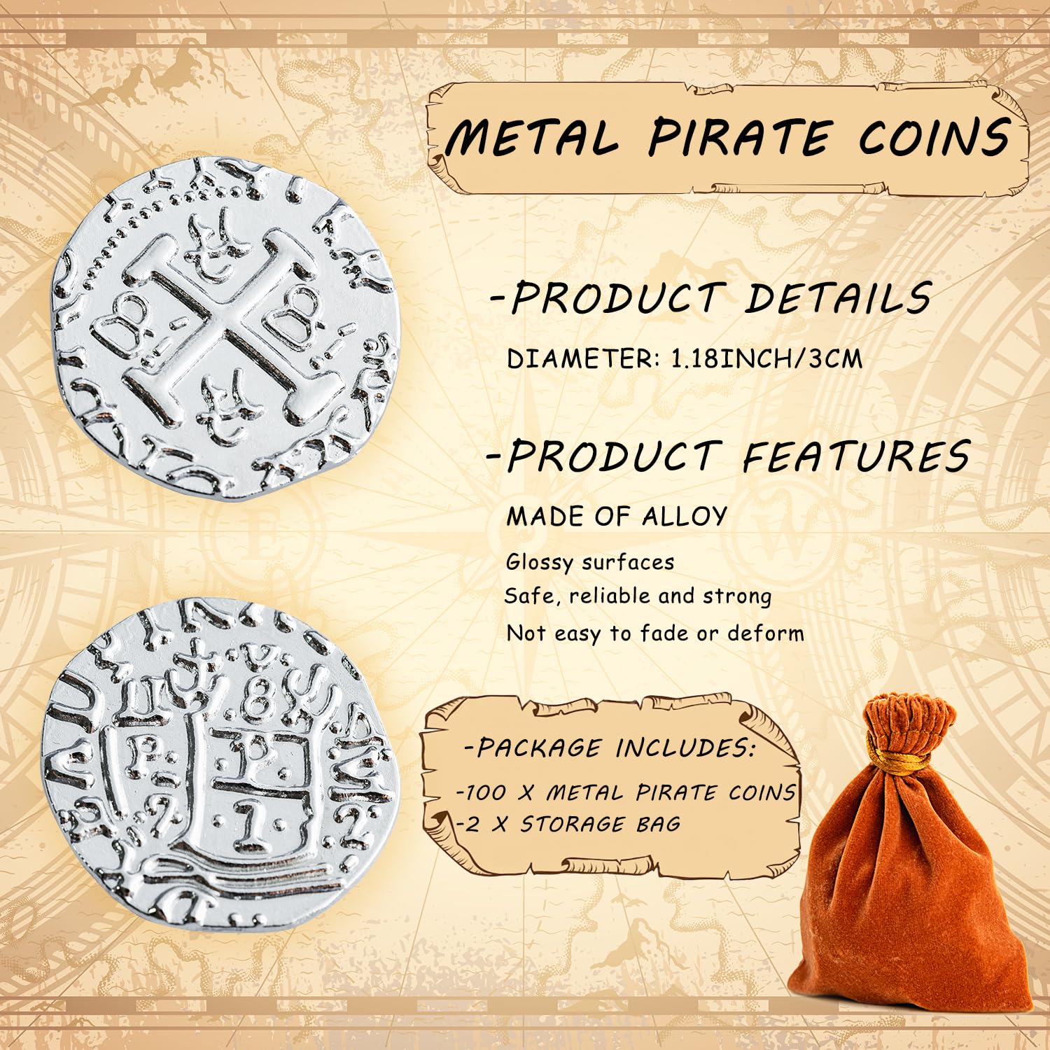 v2croft 100 Metal Pirate Coins, Silver Treasure Coin Set - Image 2