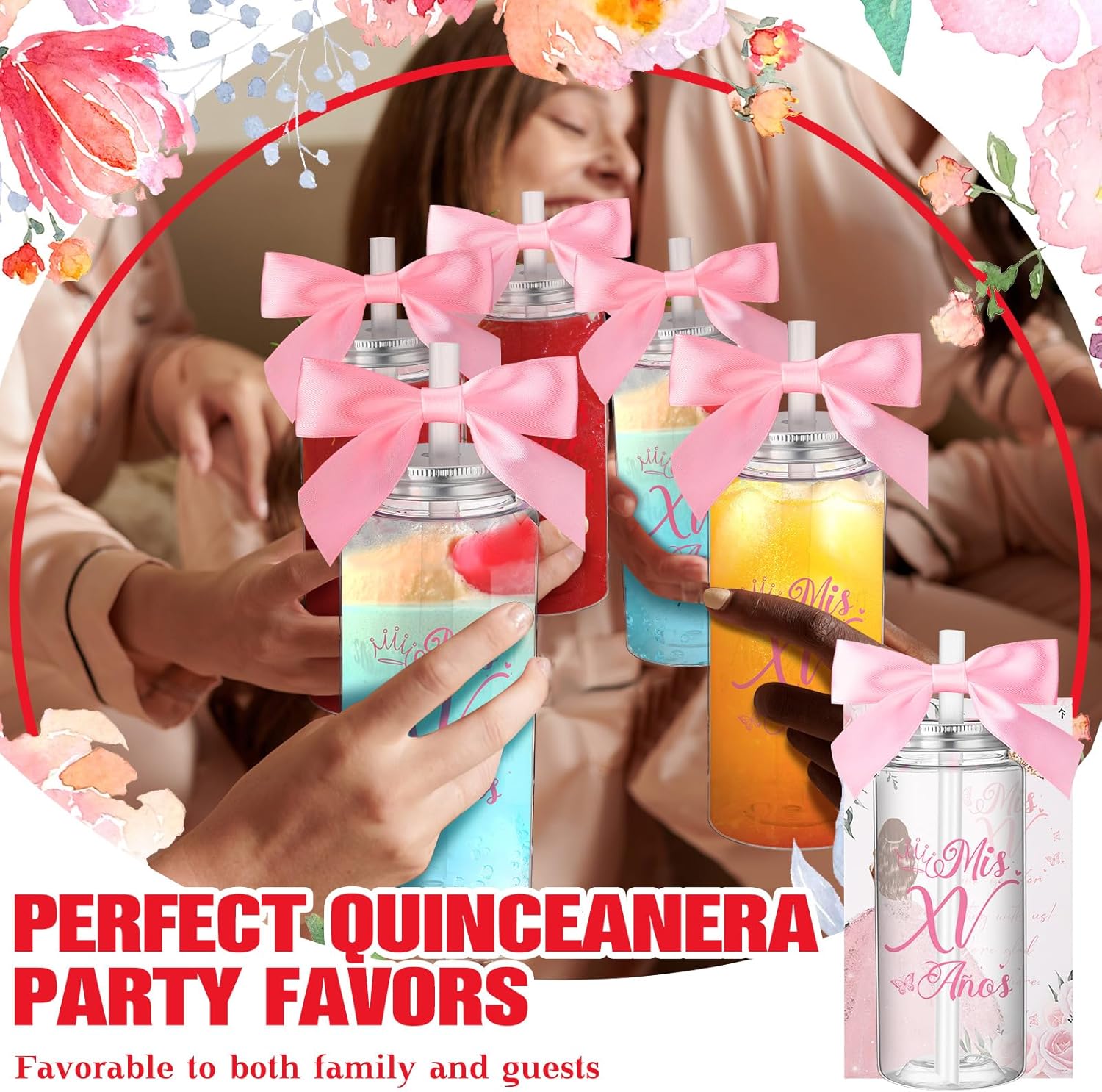 Honeydak 25 Sets Quinceanera Party Favors for Guests 14 oz Quinceanera Reusable Plastic Tumbler Cup with Lids and Straws Thank You Cards with Ribbon Bow Anos Birthday Party Favors(Pink)
