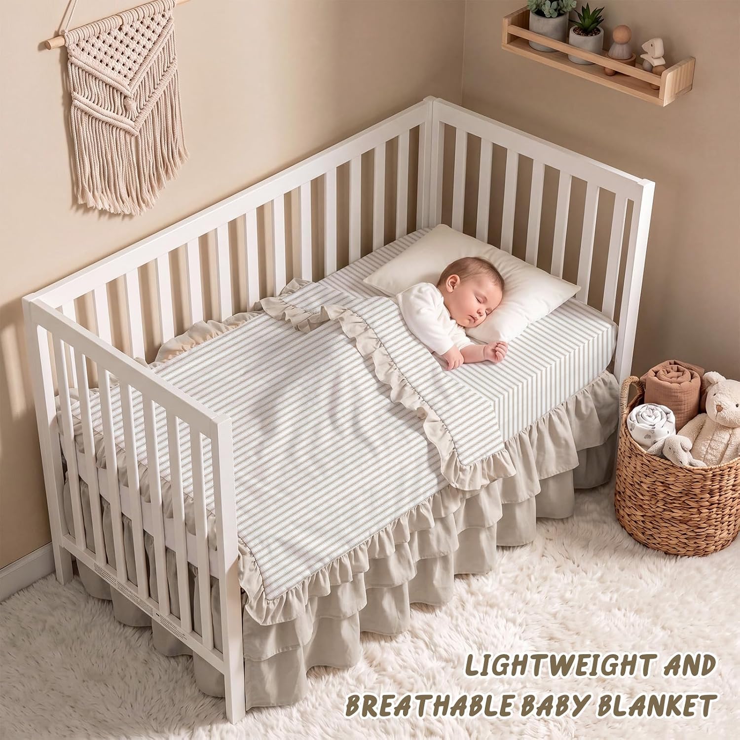 3 Pcs Beige Stripe Crib Bedding Set for Baby Girls & Boys