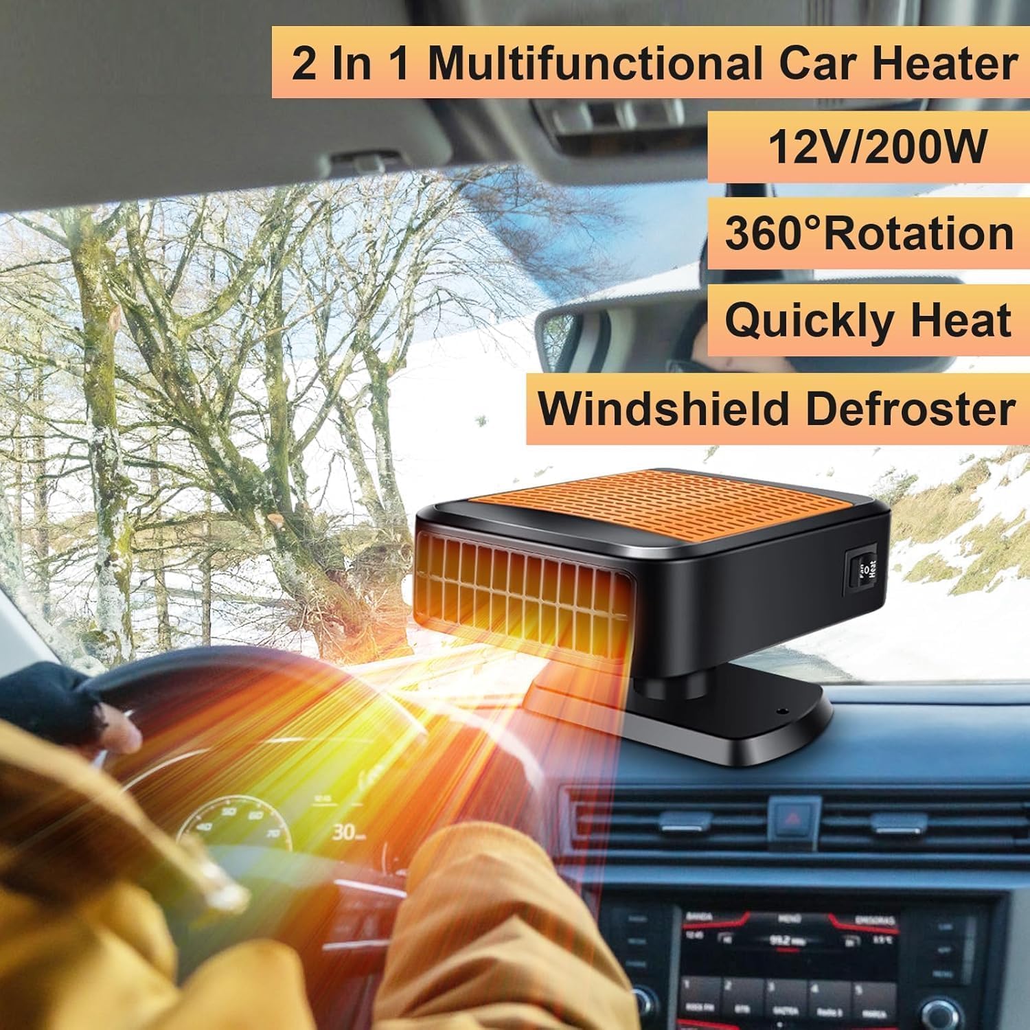 Autoheizung, 12V 200W 2-in-1 Schnelles Heizen und Kühlen, Lüfter, Entfroster, Tragbare Autoheizung zum Anschluss an den Zigarettenanzünder, mit um 360° Drehbarer Basis für alle 12V Autos