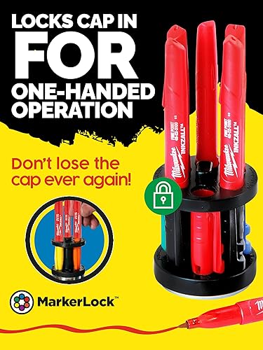 Miniatura 2 de Soporte de marcador negro con base magnética para marcadores Milwaukee InkZall, diseño de botón de 2 piezas para seguridad de bloqueo de tapa