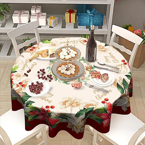 Miniatura 7 de Giwawa - Mantel de tela de Navidad con flores de Poinsettia en flor, diseño de cabaña navideña con borde floral, fácil de cuidar, mantel