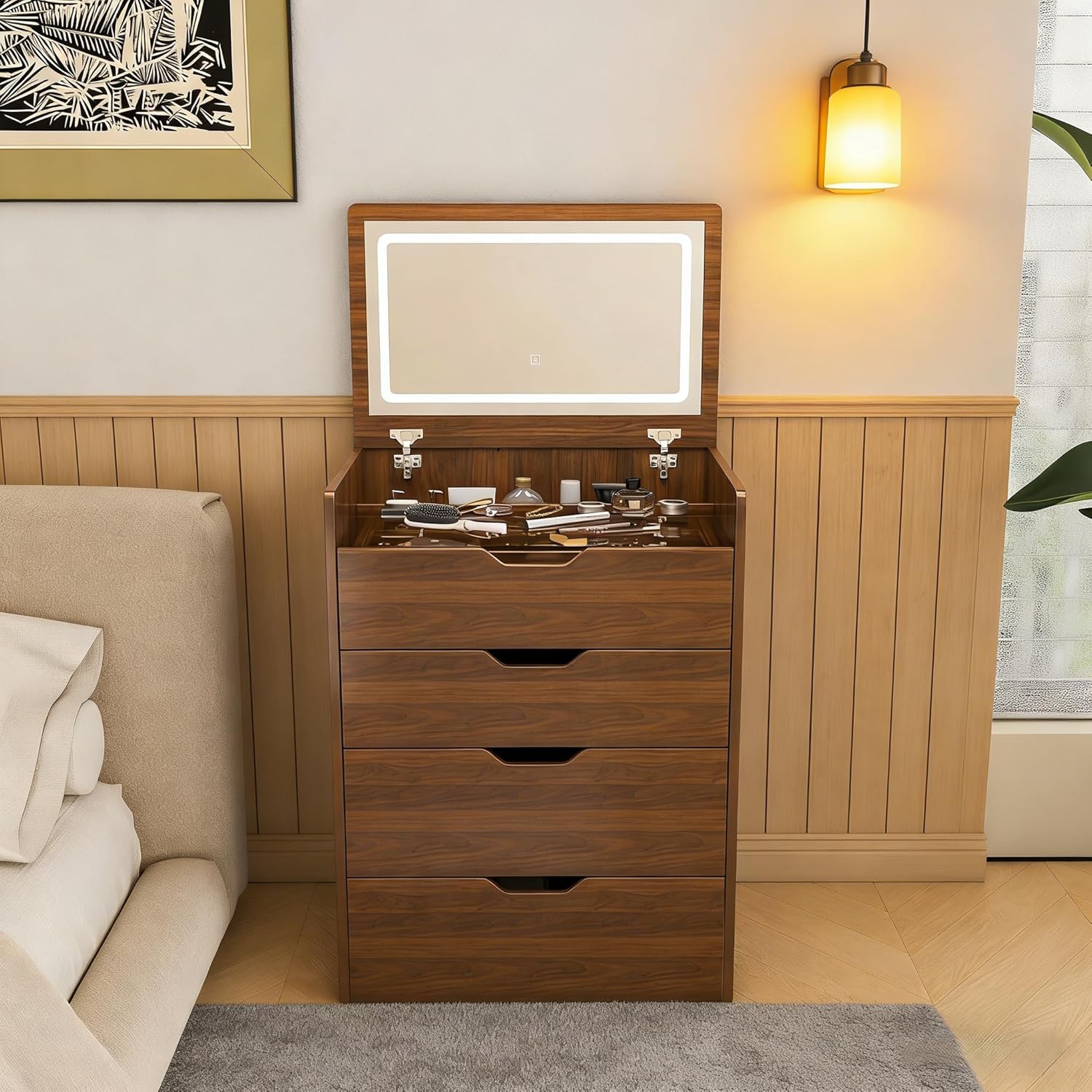 Casaphoria Vanity Desk with Mirror and Lights, 3-in-1 Flip Top Makeup Vanity Table with Stool and Storage, Compact Dressing Table for Small Space, Walnut Finish (23.62 Inch)