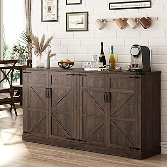 Sideboard Buffet Cabinet with Storage - 65 Inch Farmhouse Kitchen Pantries Sideboard Cabinets with Adjustable Shelves, Wooden Coffee Bar Cabinet Buffet Table for Kitchen, Dining Room, Brown