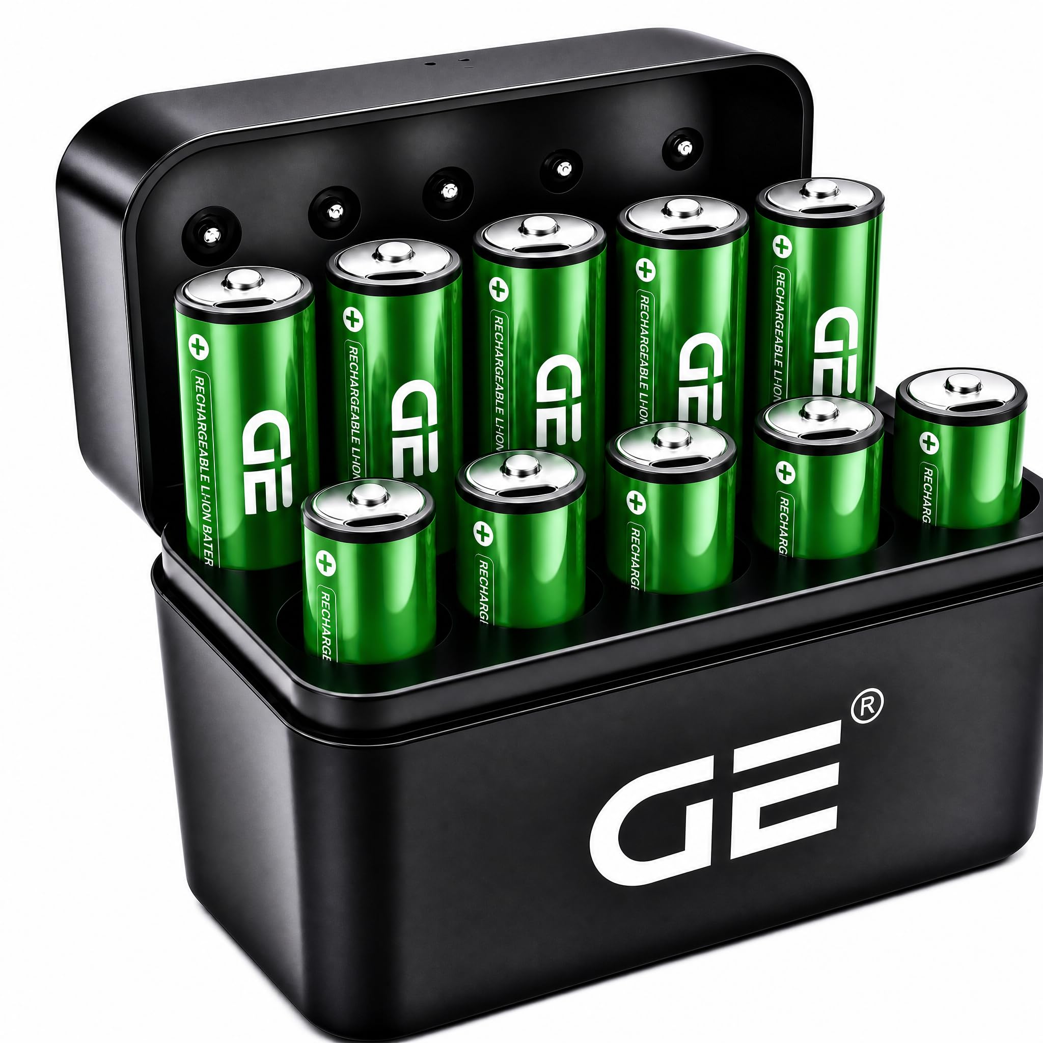 ge® aa rechargeable batteries 10-pack + wireless fast charger kit — 1.5v 2500mah high‑capacity lithium | 30‑min rapid charge | 1,500+ cycles | high energy density | stable power for sensitive devices