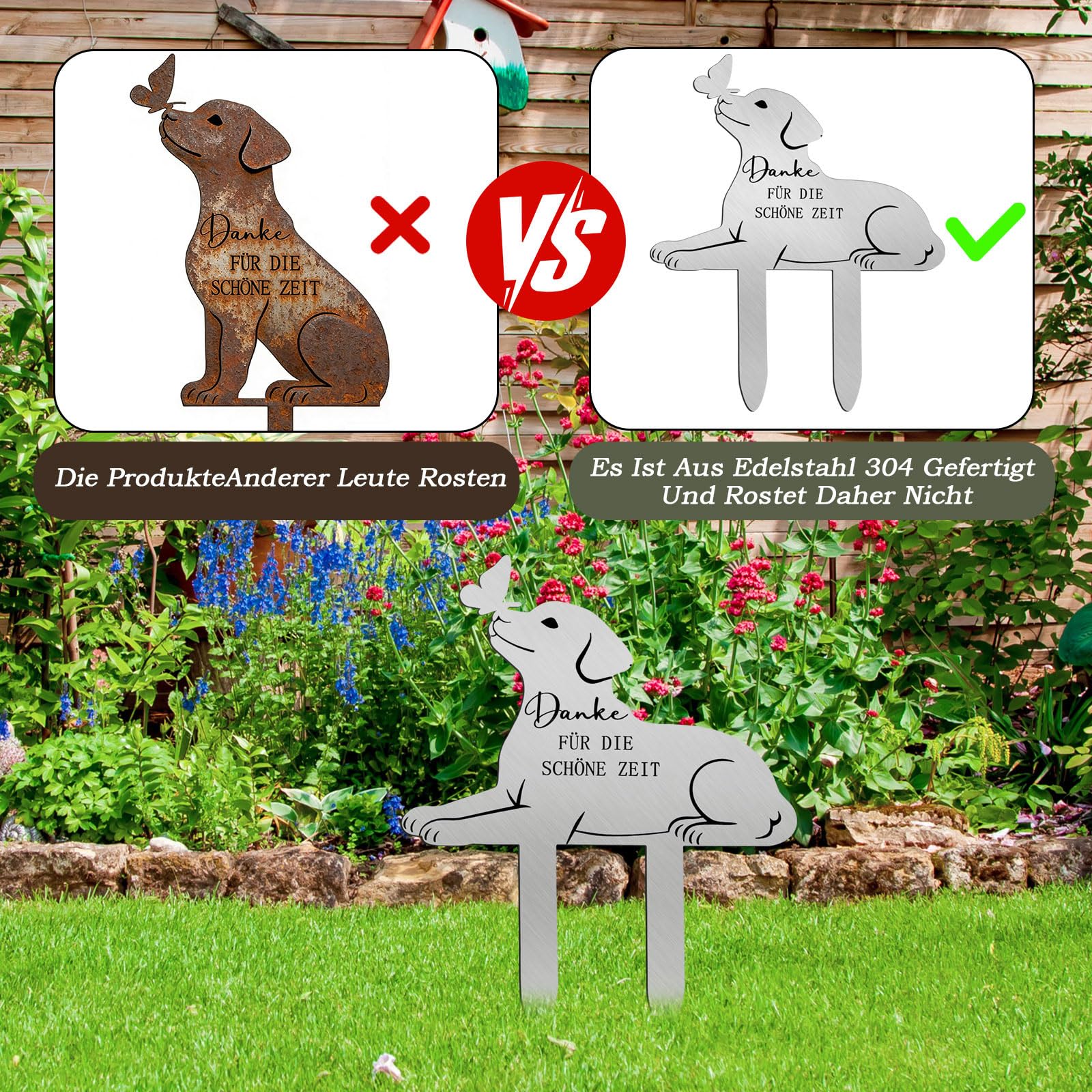 Grabstein Hund, Inschrift “Danke Für Die Schöne Zeit”, Grabschmuck Wetterfest, Aus Metall, Witterungsbeständig, Andenken für Hunde, Gedenken das Geliebte Haustier, Erste Wahl für Tierhalter