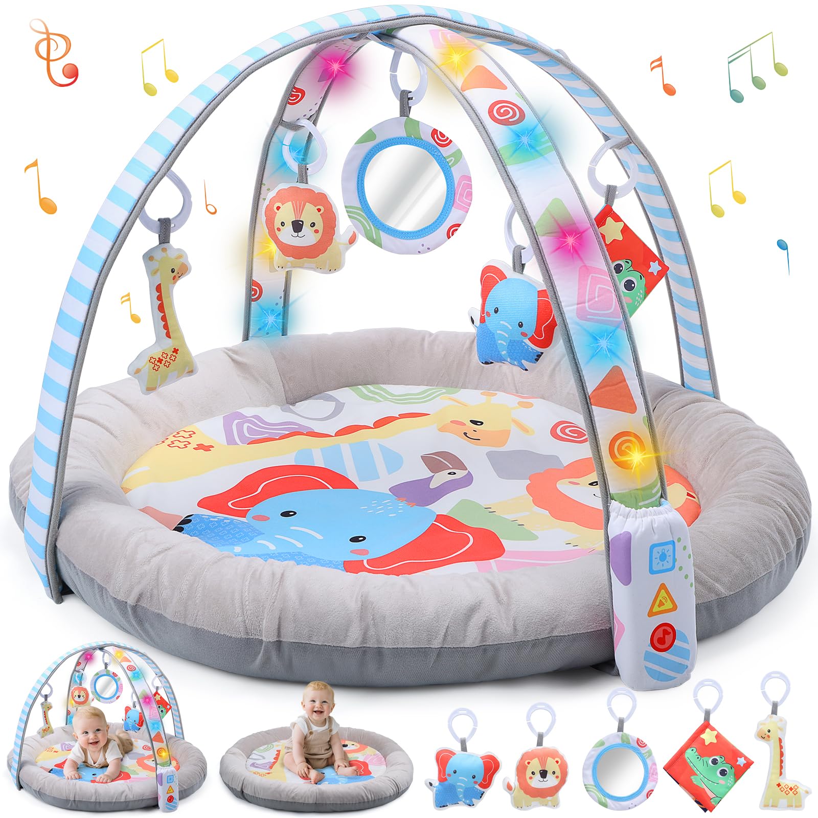 CUTE STONE Alfombra de juegos para bebés con luces, sonidos y juguetes desmontables – Alfombra de actividades para el desarrollo sensorial y motor – Volumen ajustable – Regalo ideal para recién nacido