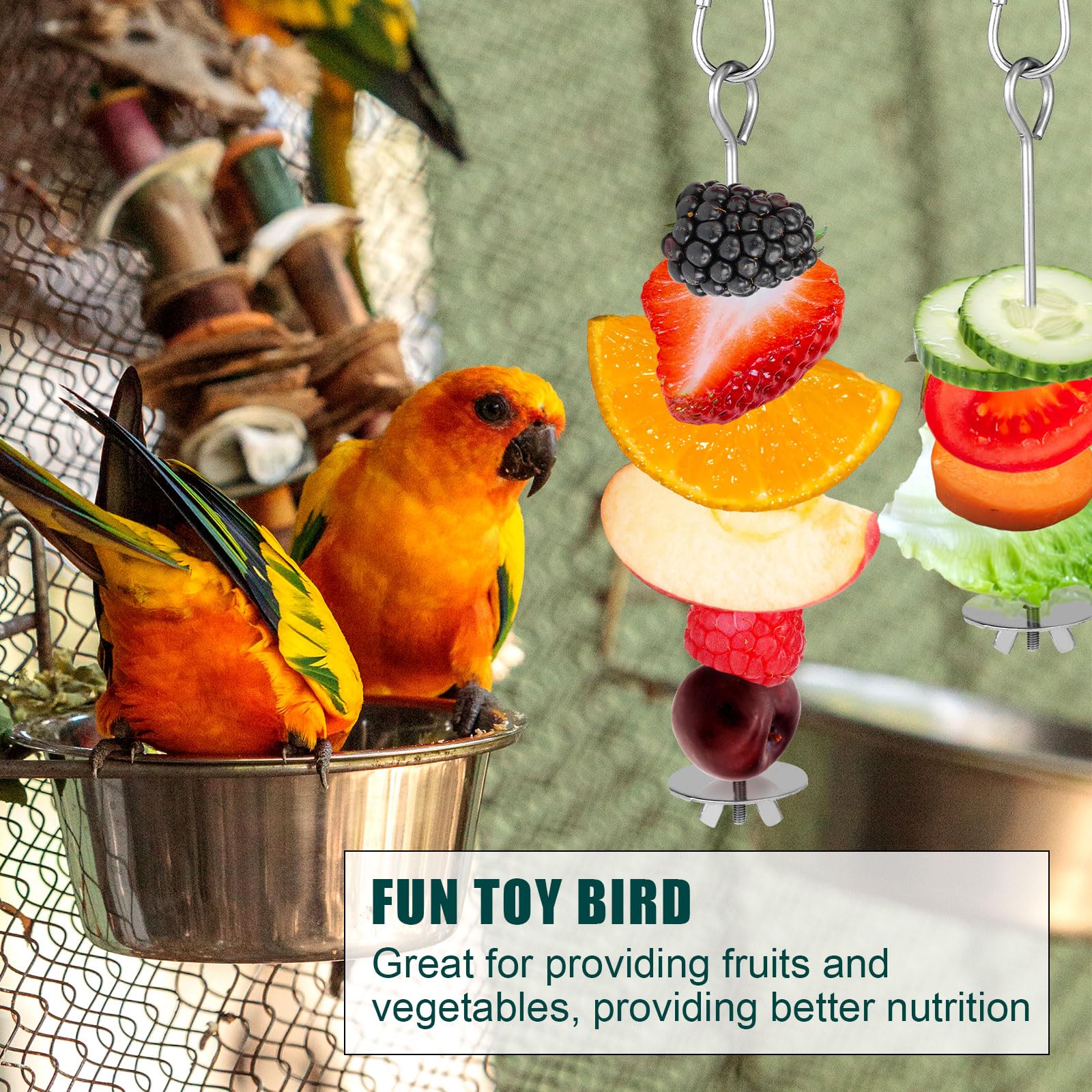 2pcs Brochette pour Oiseaux, Acier Inoxydable Brochette Fruits Oiseaux avec Crochet Mangeoire à Fruits pour Oiseaux Jouets de Recherche de Nourriture pour Perruche Ara Perroquet