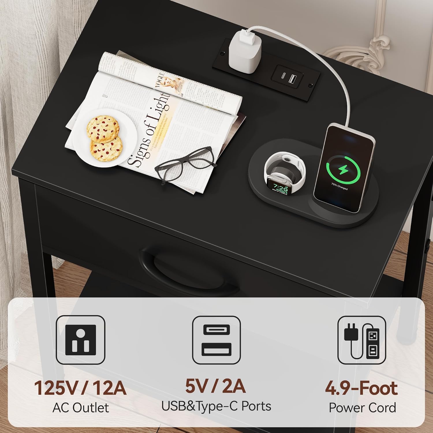 Vagusicc Black Nightstand with Charging Station, End Table with Fabric Drawer, Small Side Table with 2-Tier Storage Shelves, 25.4" Tall Bedside Table, Black Night Stand for Bedroom, Living Room, Dorm - Image 4