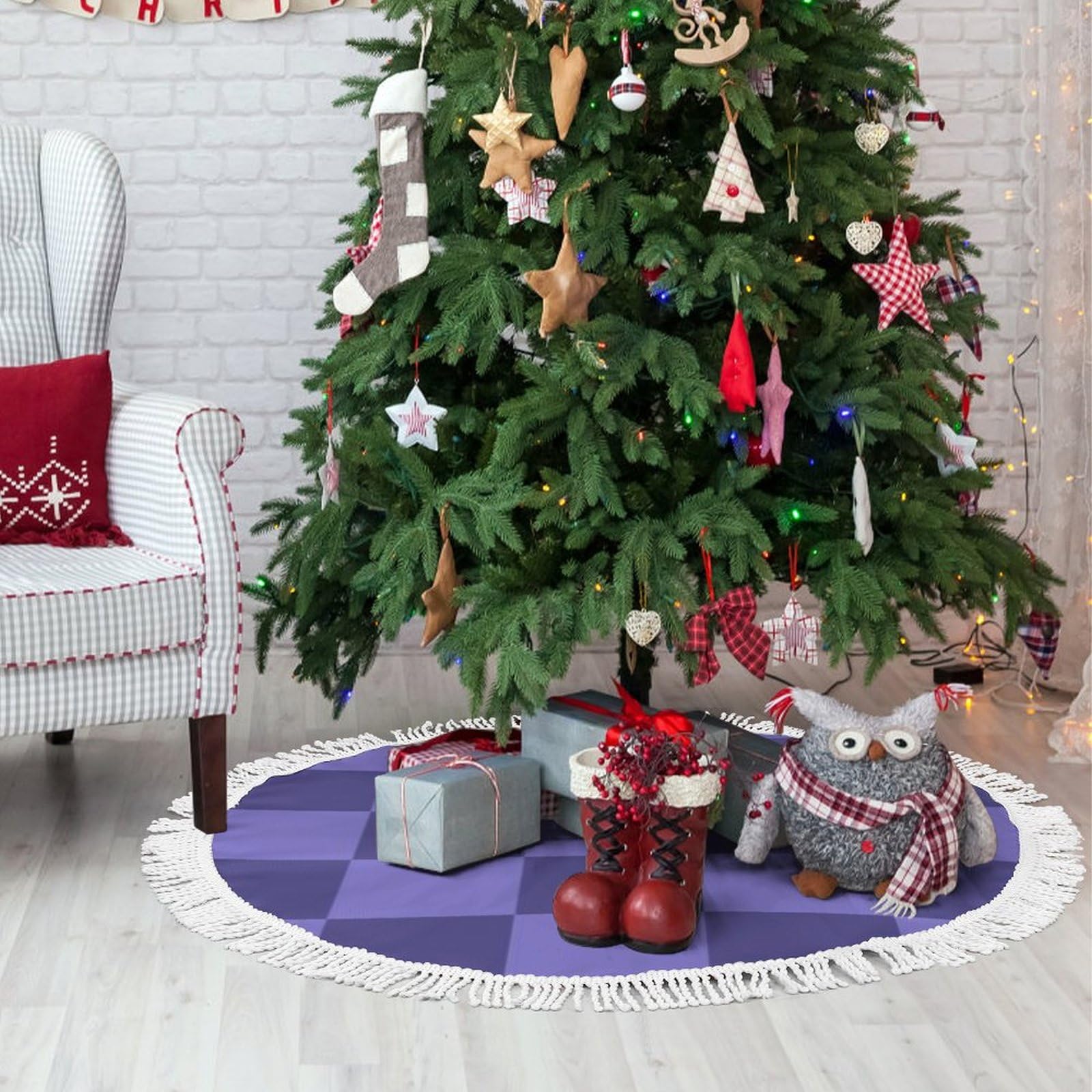Jupe d'arbre de Noël de 90 cm avec motif rond à carreaux géométriques
