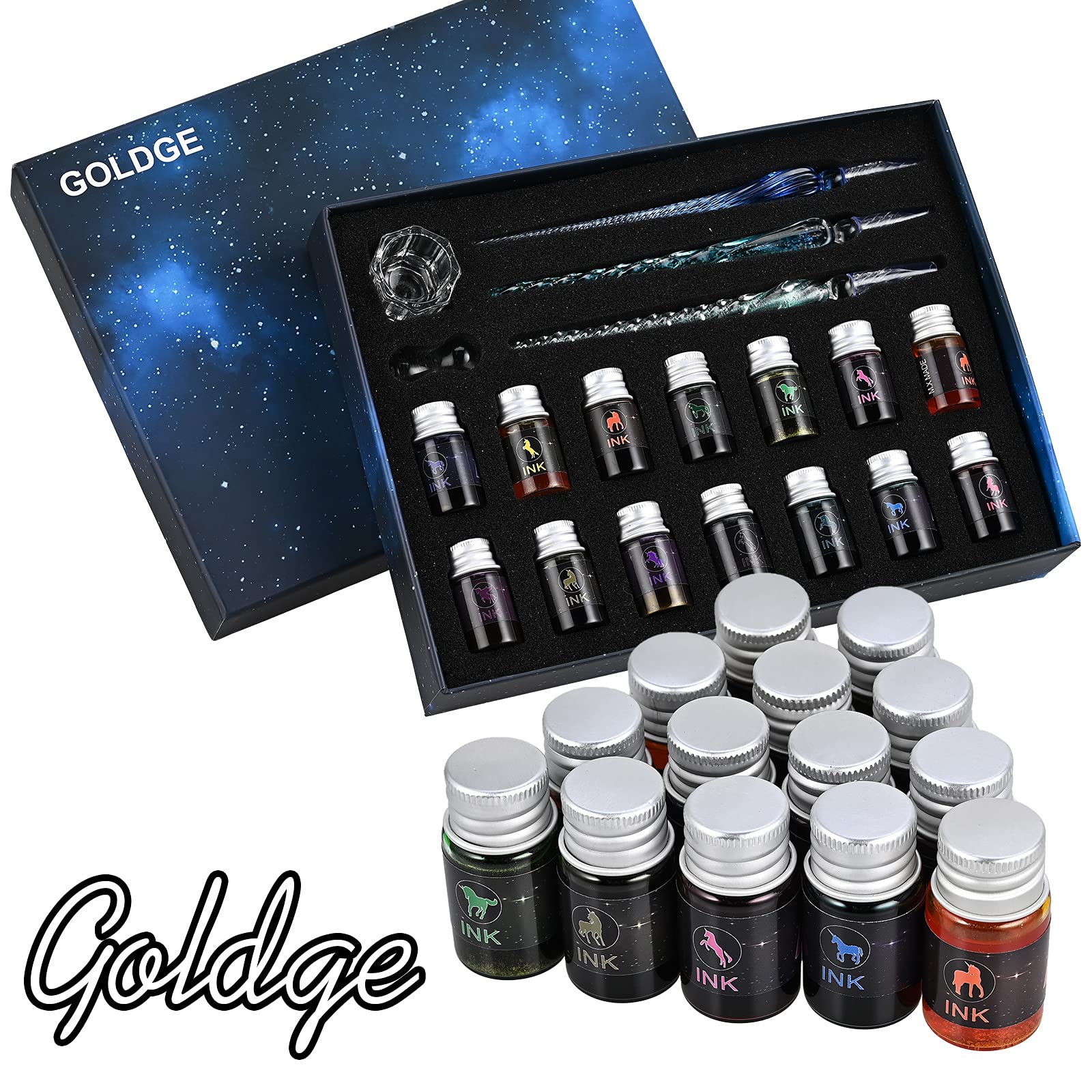GOLDGE Federhalter aus Glas, 19PCS Glasstifte Set Kalligraphie Glasfederhalter mit Glasstifte Bunte Tinten Glasstifthalter Stifthalter für Unterschrift Handschrift Dekorationsgeschenk