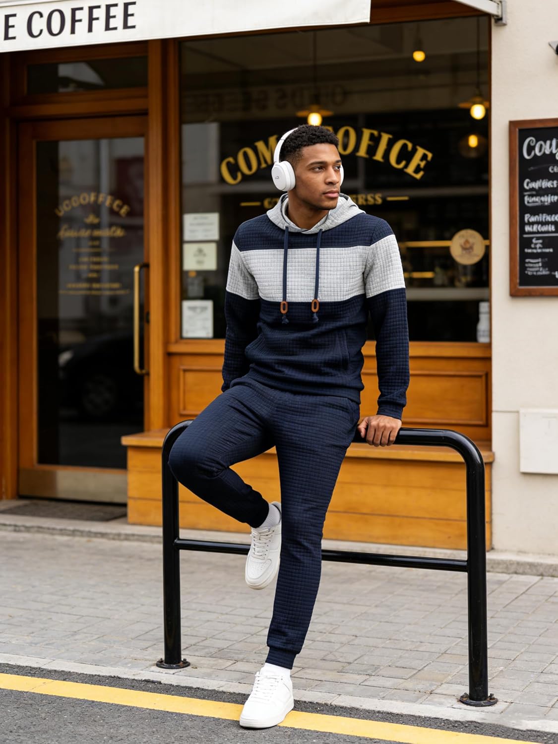 UOUA Mens Tracksuit 2 Piece Hoodie & Sweatpants Set Waffle Jacquard Sweatsuit Outfits Casual Jogging Suits - Image 3