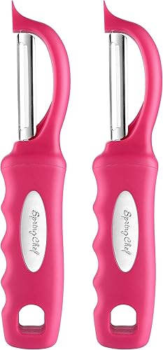 Spring Chef Pelador de verduras giratorio de alta calidad, mango de agarre suave y cuchillas de acero inoxidable ultra afiladas, pelador de cocina