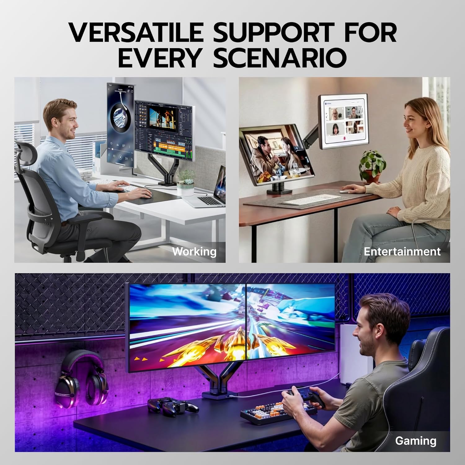 ARES WING Dual Monitor Mount, Heavy Duty Monitor Arms for 2 Monitors for 17-35 Inch, Fully Adjustable Monitor Desk Stand with USB A/C for Ultrawide Screen, VESA 75x75 or 100x100mm, Black - Image 8