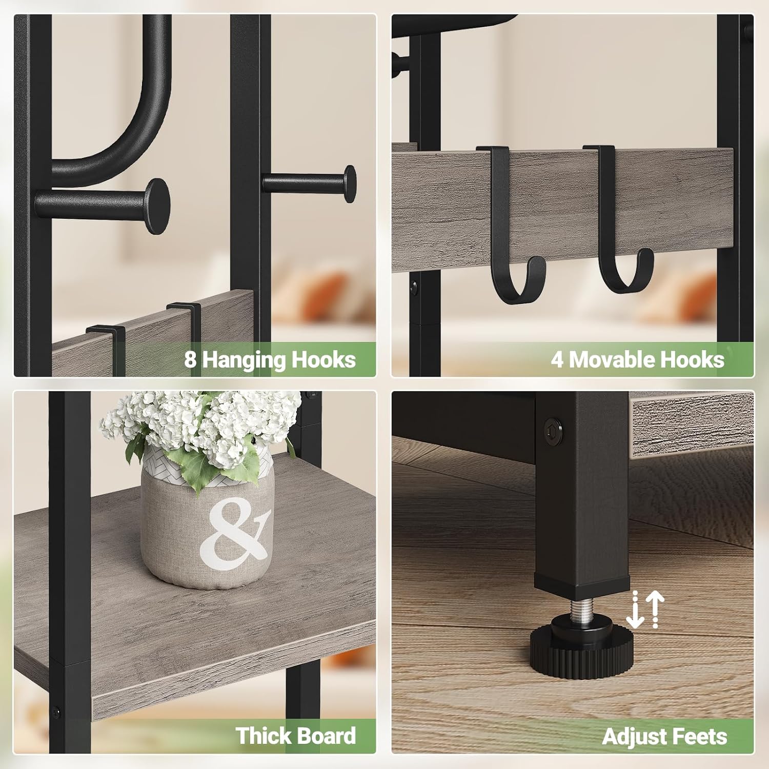 ELYKEN Coat Rack Freestanding, Hall Tree with 3 Storage Shelves and 12 Hooks, Industrial Clothes Rack Stand Organizer for Bedroom, Hallway, Entryway, Office, Living Room, Greige