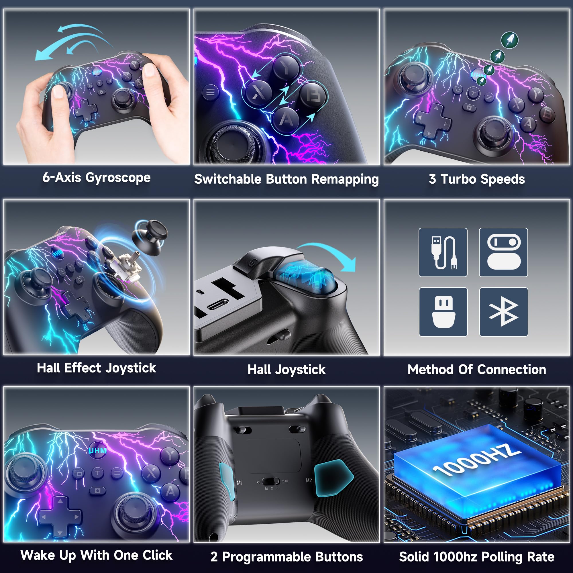 UHM PC Controller Wireless Game Controller PC G5 Kabellos Bluetooth Gamepad mit Switch Handy iOS Android Hall Trigger Turbo,Vier programmierbare Tasten 6 Achsen Gyro