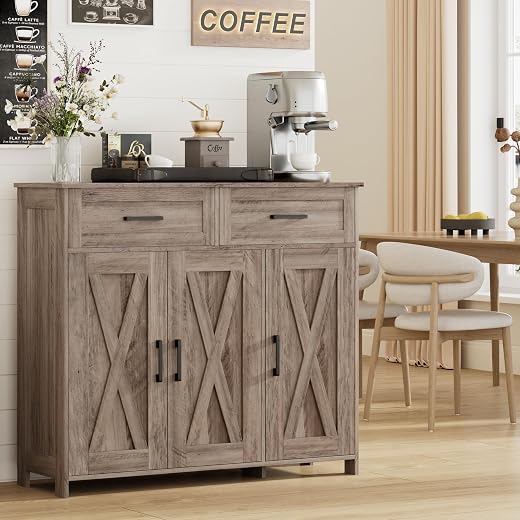 Homhedy Coffee Bar Storage Cabinet with Drawers, Kitchen Buffet Cabinet