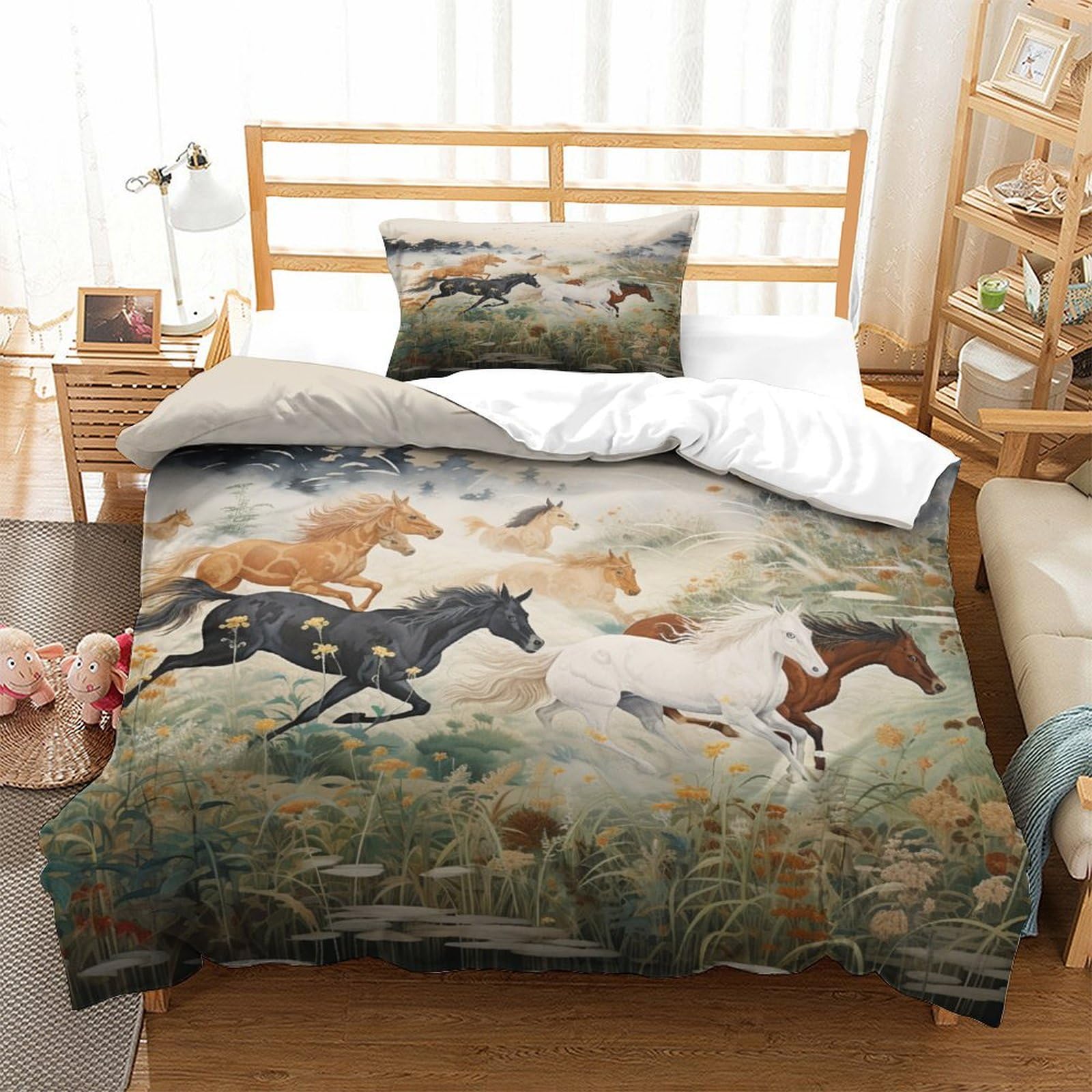 P1S9U7W5Y 3D Printed Running Horses Microfiber 3pcs Duvet Cover Set Horse Bedding Single