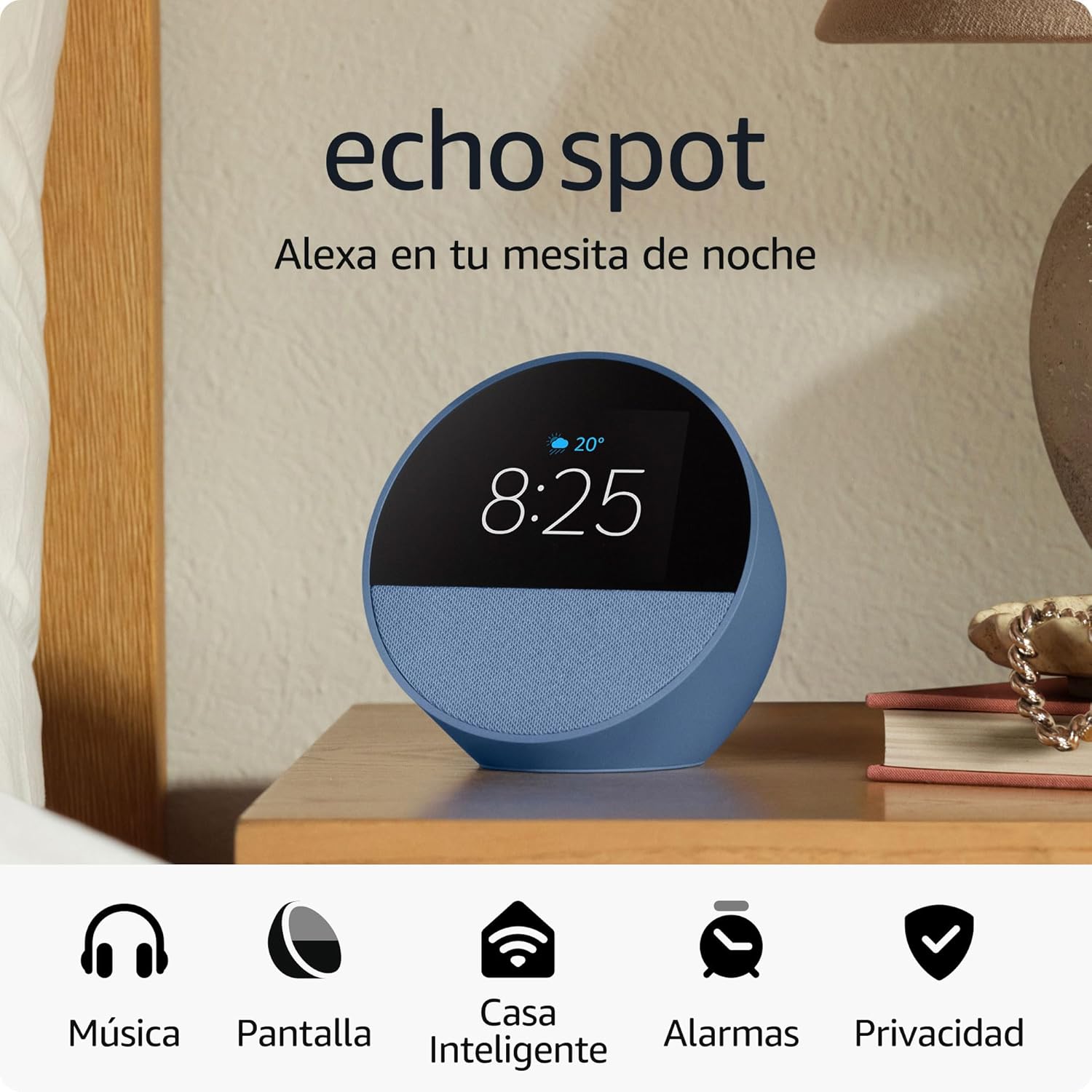 Amazon Echo Spot (modelo más reciente): ideal para mesitas de noche, oficinas y cocinas, incluye despertador inteligente con Alexa (azul)