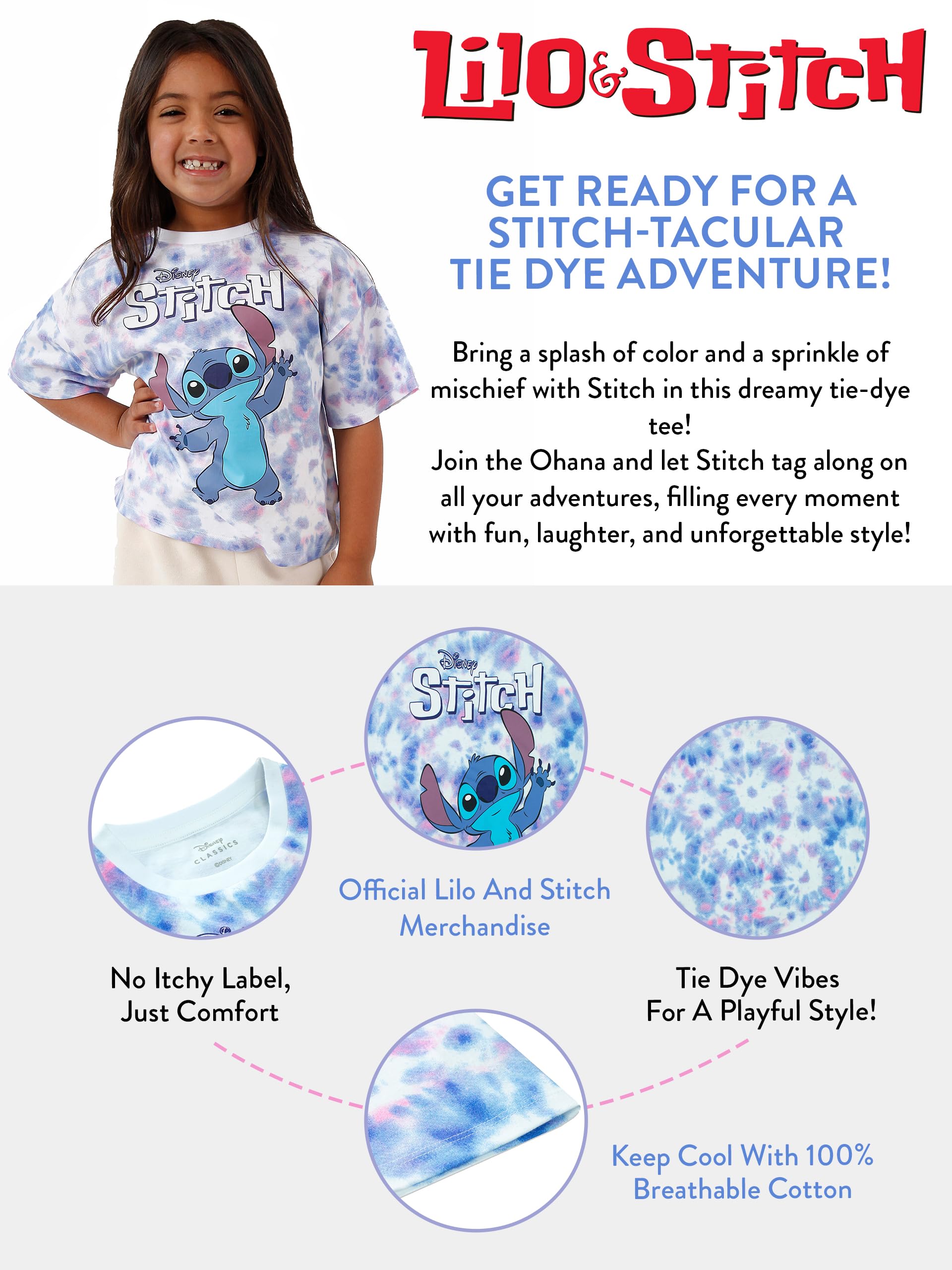 Disney Lilo i Stitch Koszulka | Ubrania w stylu Tie Dye z postacią Stitcha dla dzieci | Oficjalne prezenty Lilo i Stitch dla dziewczynek